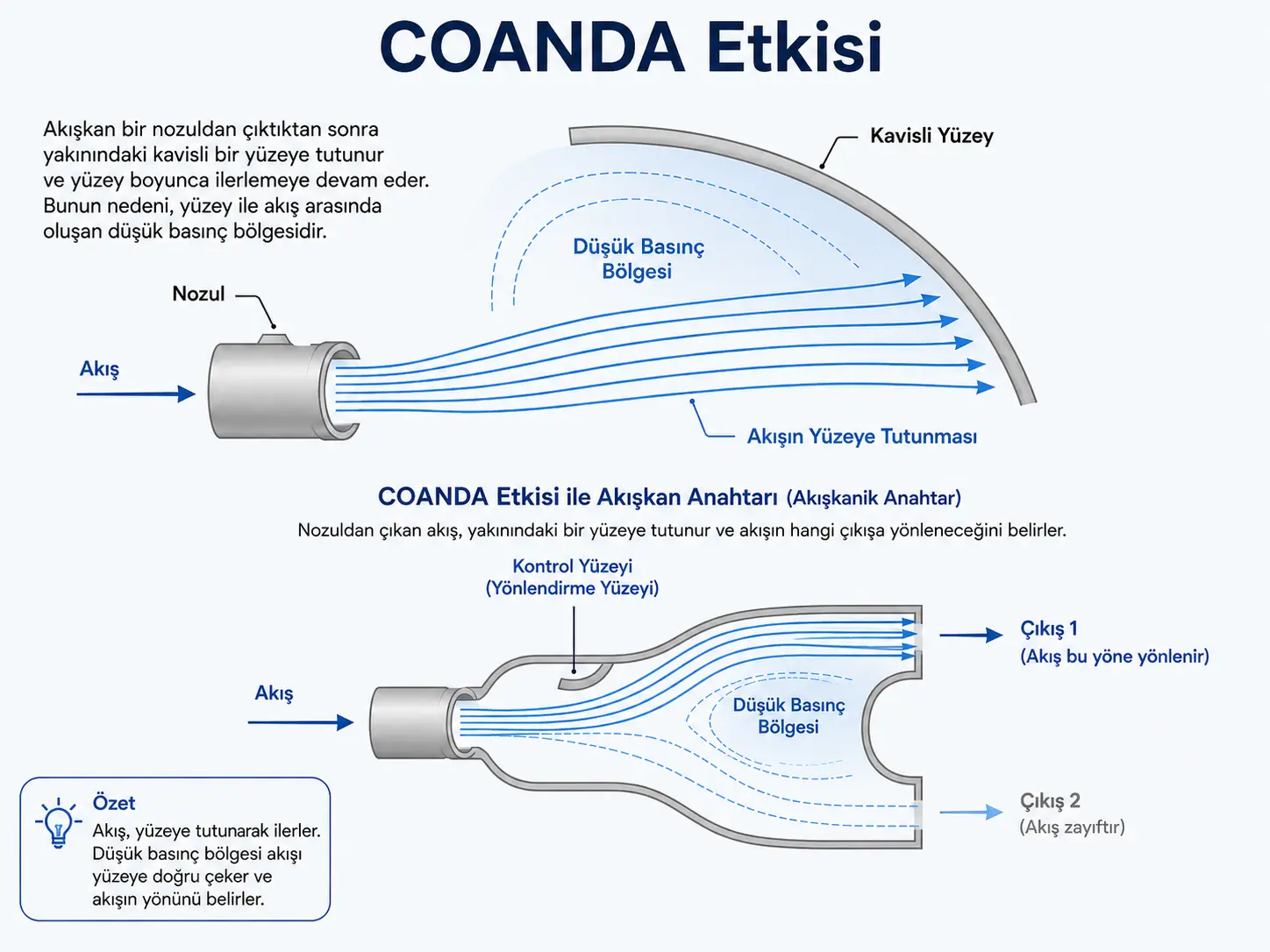 COANDA etkisiyle akışın yüzeye tutunmasını ve fluidik anahtarda bir çıkışa yönlendirilmesini gösteren teknik infografik