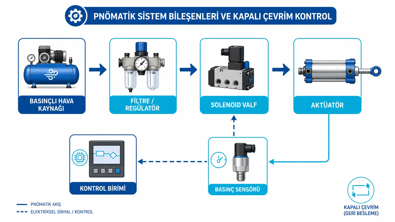 Basınçlı hava kaynağı, filtre-regülatör, solenoid valf, aktüatör, kontrol birimi ve basınç sensöründen oluşan pnömatik kapalı çevrim sistem şeması